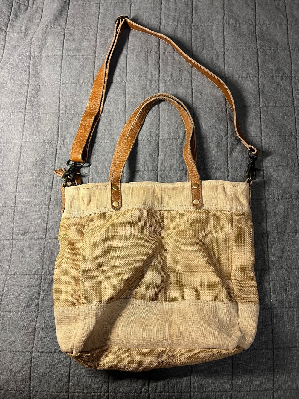 Myra Bag Beige Organic Upcycled Mkt Bag with Brown Leather Straps - Picture 2 of 11